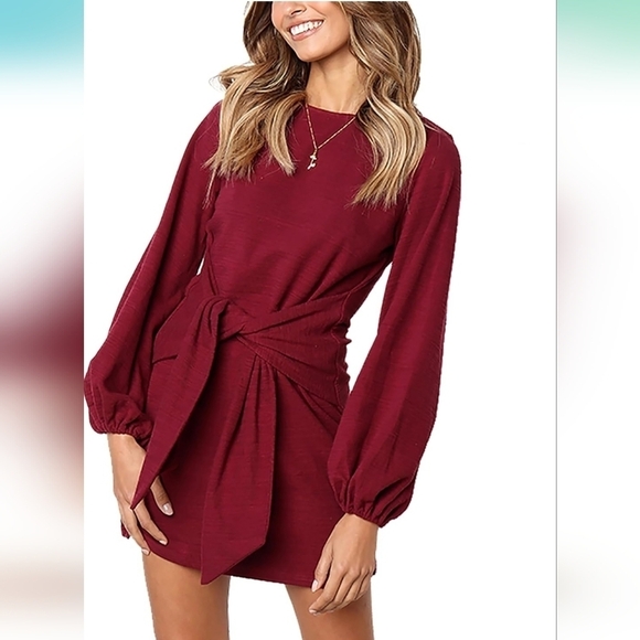 PRETTYGARDEN Women's Burgundy Long Lantern Sleeve Dress Crewneck Tie Waist Dress - Picture 3 of 8